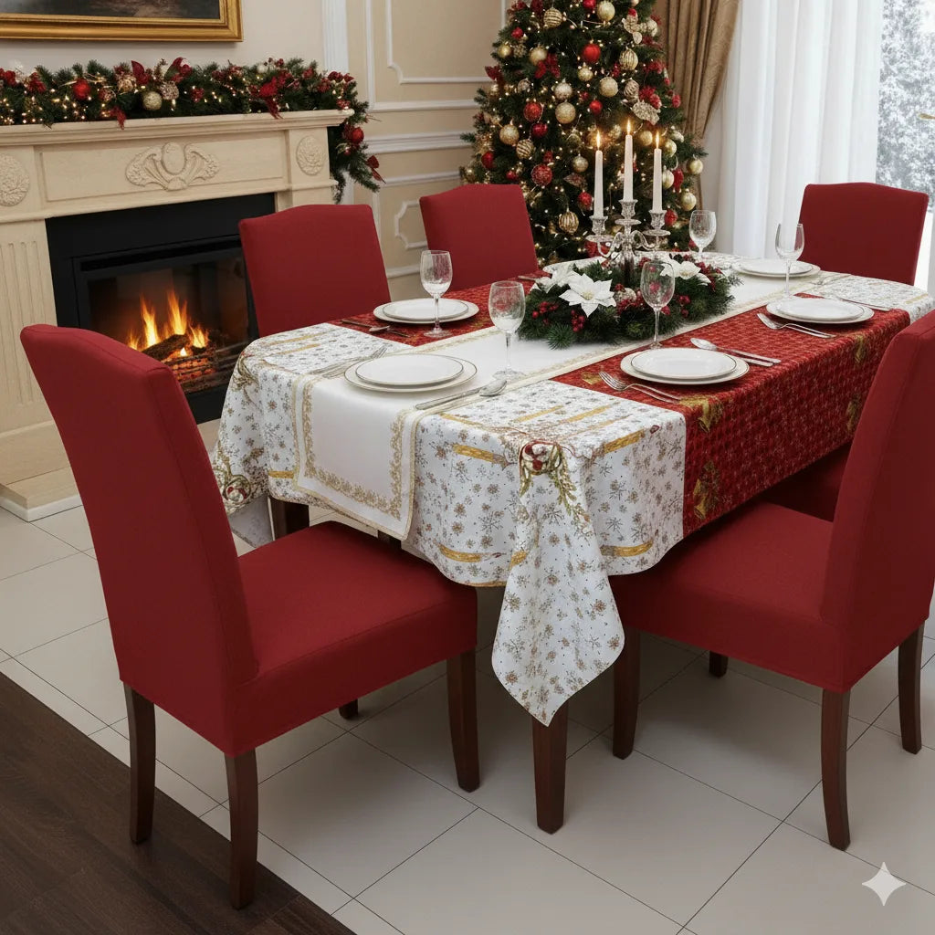 🎄Super Combo Navideño para Comedor🎅🏻 – 1 Mantel + 6 Forros de Silla Premium ✨